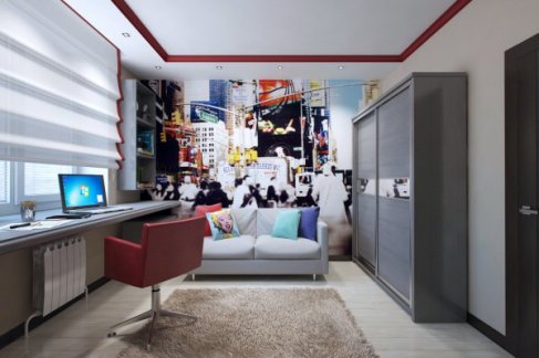 Here is one example of how you can decorate a teenage boy's room by decorating its minimalist light decoration with dynamic and vibrant photo wallpaper