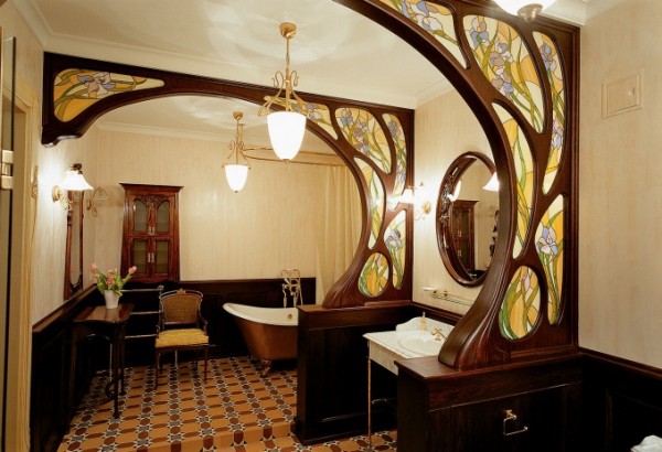 Wooden arches with stained glass