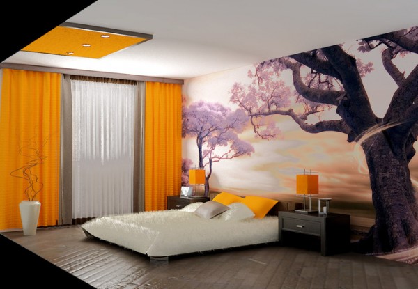 Wall mural in bedroom interior