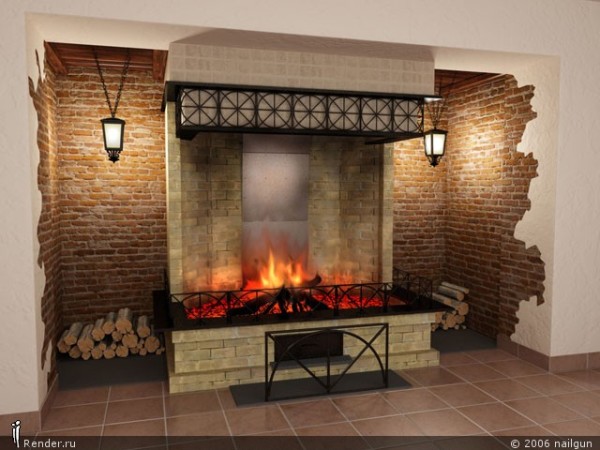 Unplastered masonry fireplace design