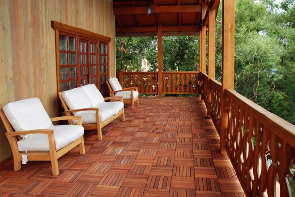 The floor of the veranda faced with garden parquet