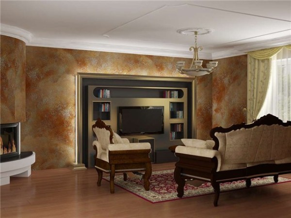 The walls of the living room are decorated with decorative plaster.