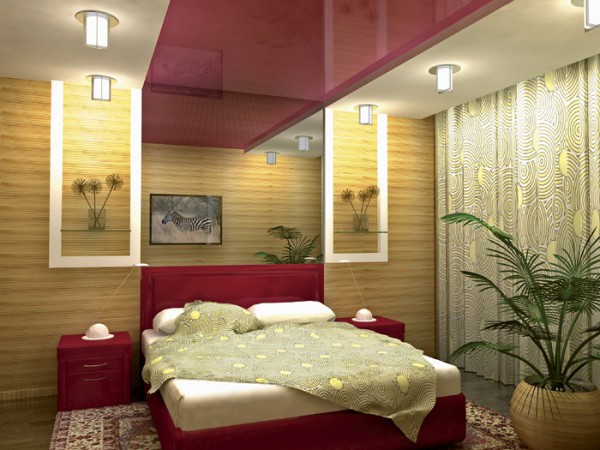 Wooden wallpaper in the bedroom interior