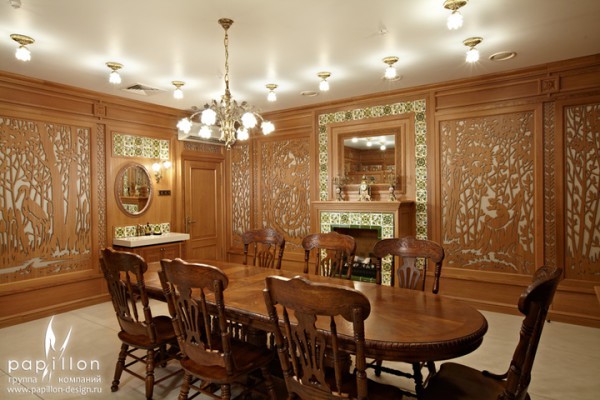 Wooden carved panels in the design of the walls