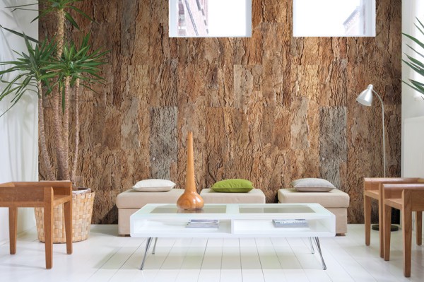 One wall: wood bark finish