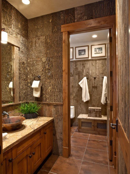 Finishing the bathroom with bark of wood