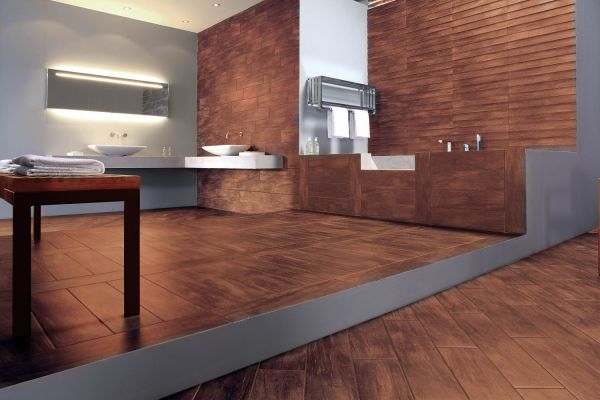 Interior design with ceramic tiles in wood