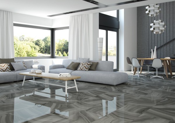 Polished porcelain tile styled in natural stone