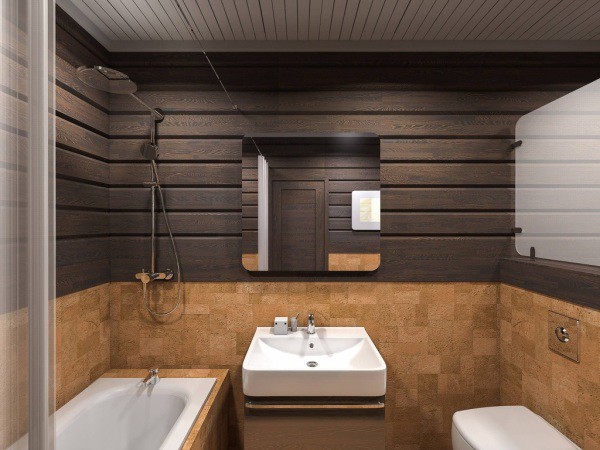 Bathroom in a timber house: tinted wood and cork tiles