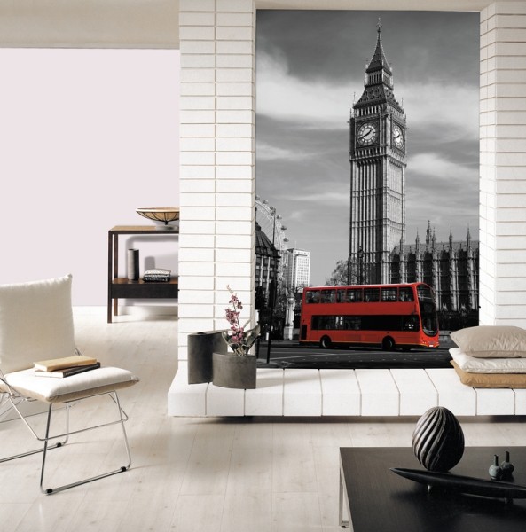 Black and white panel with big ben and bus