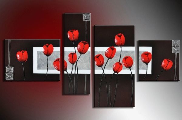 Black wall panel with red tulips - an interesting element for the bedroom