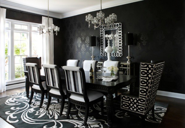 Black wallpaper with a pattern in the dining room in the Gothic style