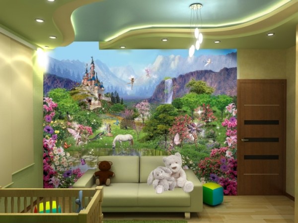 Wall mural in a forest children's room with fairytale characters