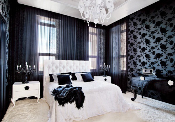 Gothic wallpaper in a snow-white bedroom