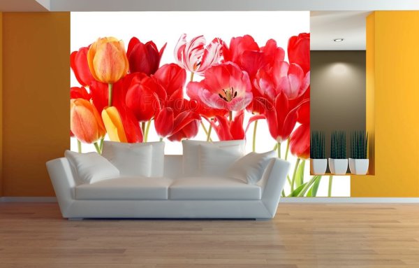 Red tulips in a living room interior