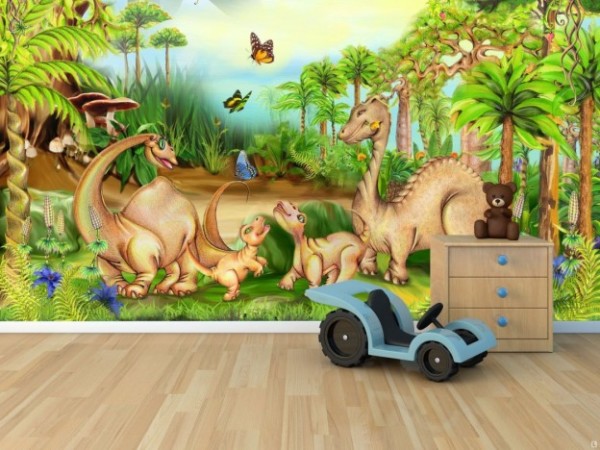 Cartoon dinosaurs in the interior of a children's room