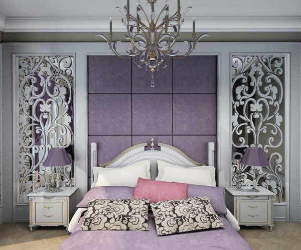 The photo shows a classic bedroom in lilac-white