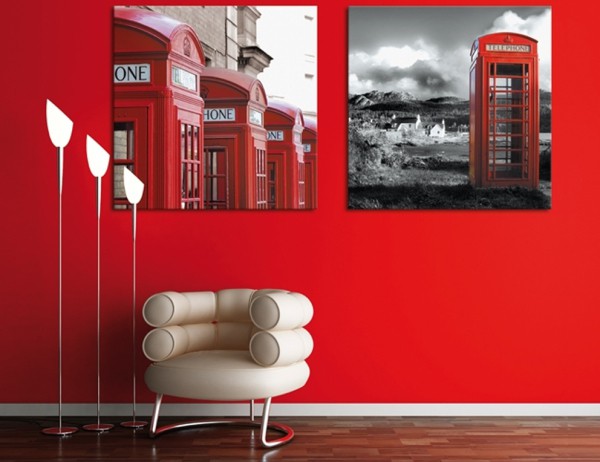 Wall panels with red telephone booths