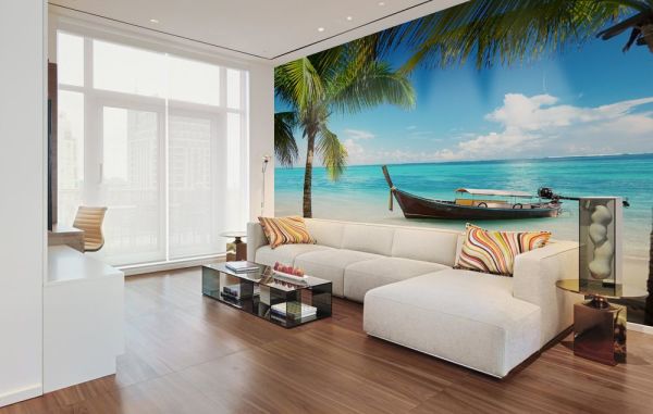 Window on a tropical beach in a simple apartment