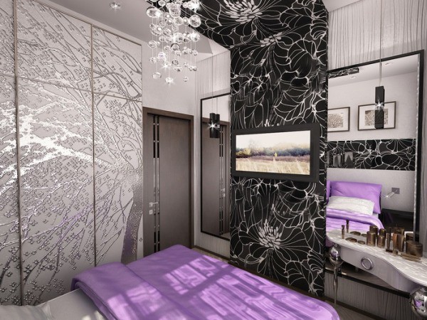 Bedroom for the girl in gray tones with black and lilac inserts