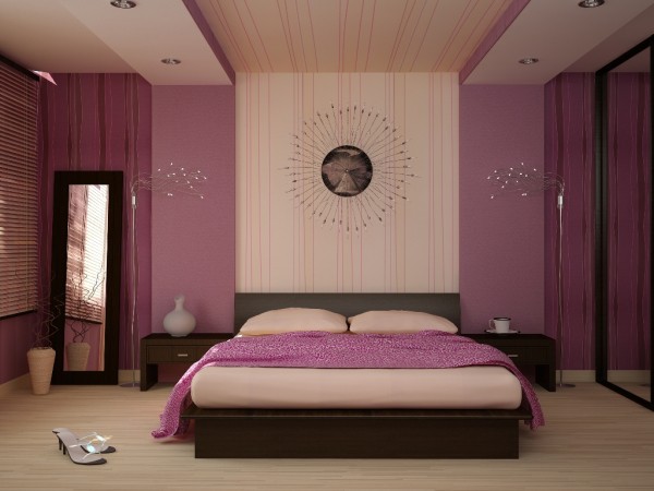 Bedroom in beige and lilac colors according to the rules of feng shui