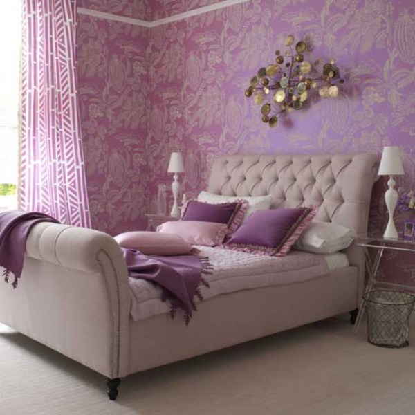 Bedroom in purple tones, shaded by cream furniture