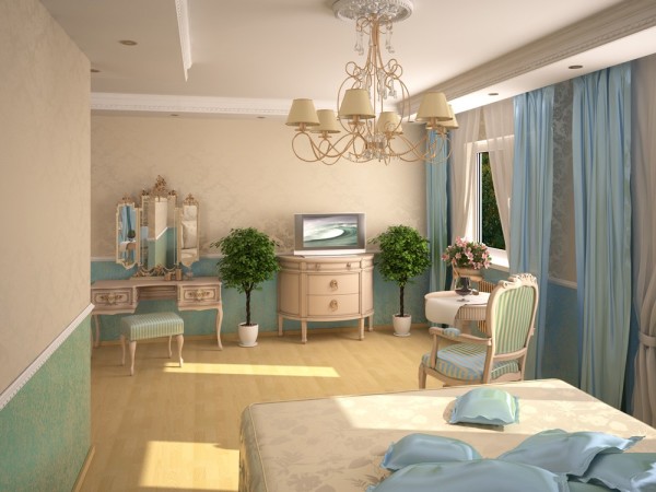 The bedroom in gentle colors combined, horizontal division