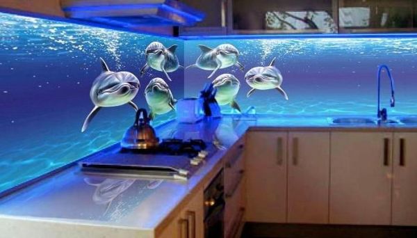 LED 3D wallpaper in the interior of the kitchen