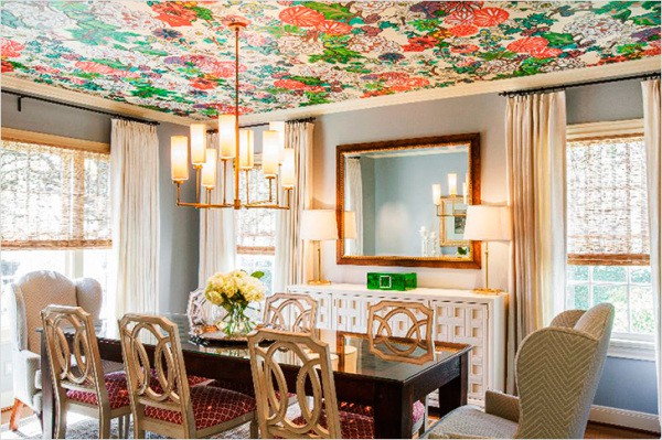 Floral wallpaper on the ceiling of the dining room