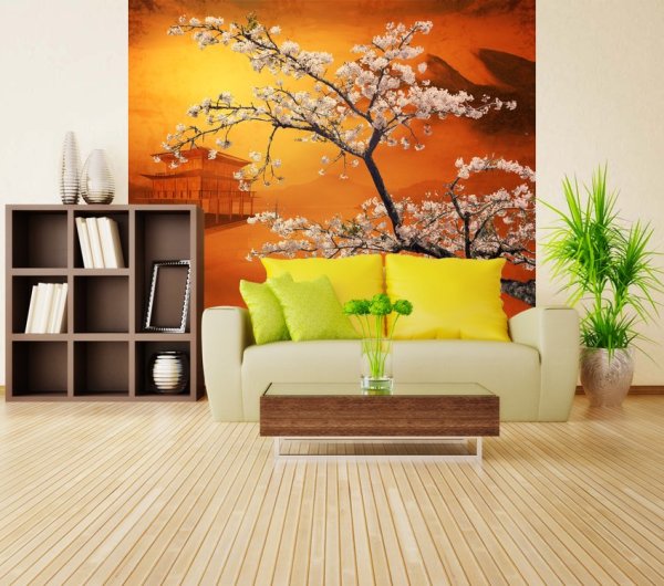 Sakura tree in the living room interior