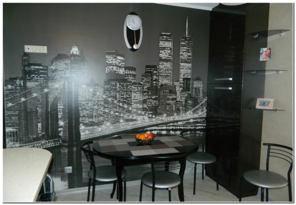 Wall mural night city in a high-tech style kitchen interior