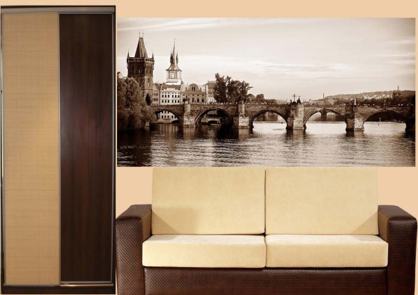 Wall mural overlooking Charles Bridge in the living room interior