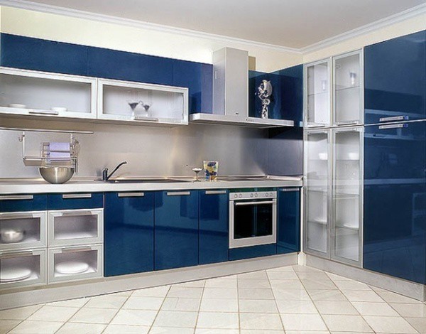 White paint on the walls under the blue kitchen