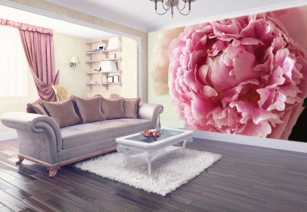 Large, single flower on photo wallpaper in the interior of the living room