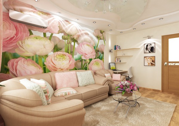 Pale pink peonies in the interior of the living room