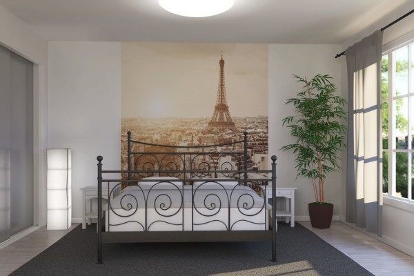 Panorama of Paris on the photo mural in the bedroom