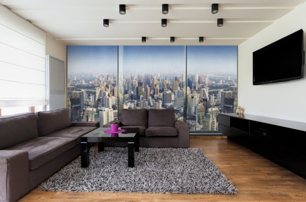 Panoramic city view in the living room interior