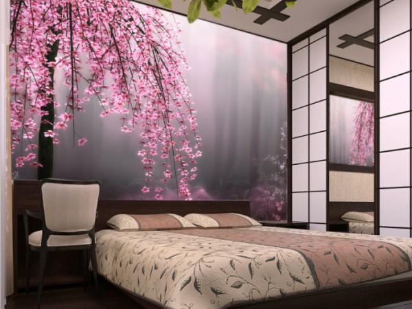 Sakura hanging over the bed in the bedroom