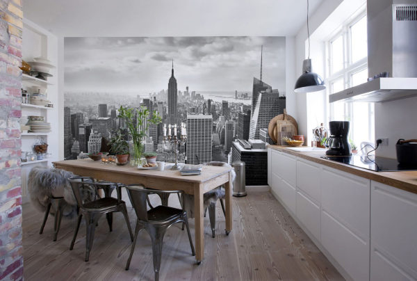 View of the black and white city in the loft style kitchen