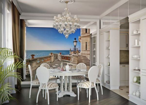 View from the balcony of the blue sea in the dining area of ​​the kitchen