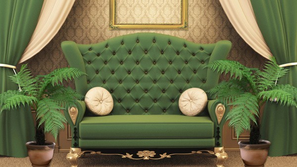 Green furniture on a background of beige wallpaper