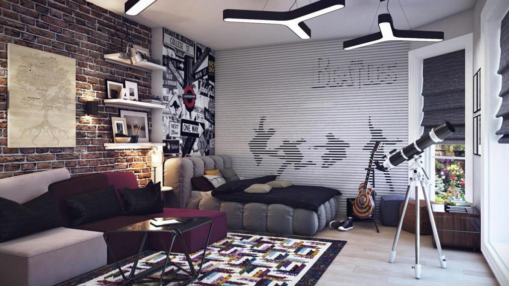 An example of a room for a young creative guy in the loft style, with the image of graffiti on the photo wallpaper