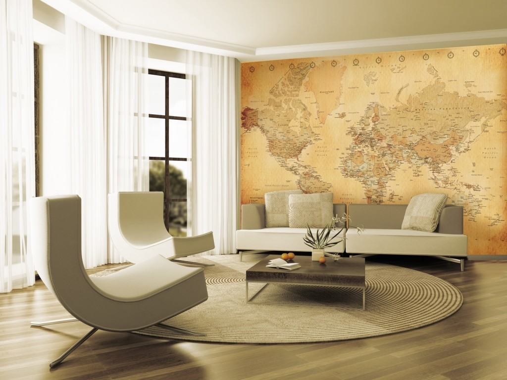 Wall mural with the image of a world map in the interior of the living room Wall mural with the image of a world map in the interior of the living room