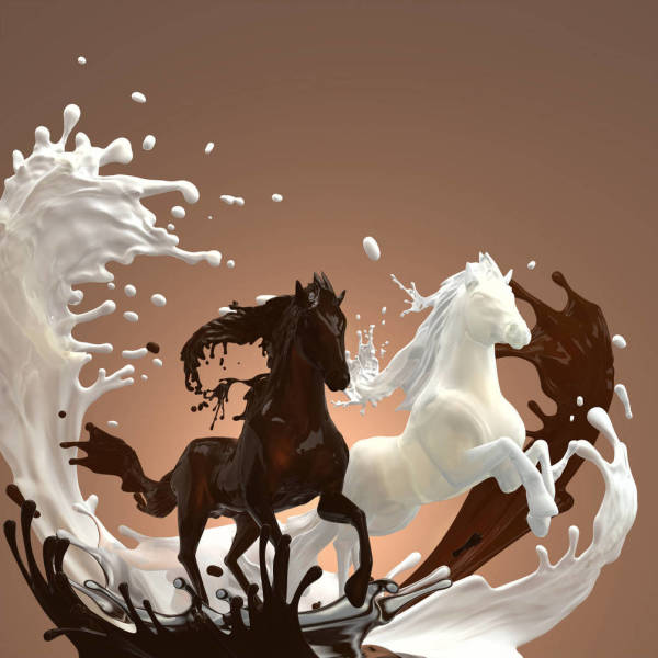 Author's drawing depicting two stylized horses in contrasting colors