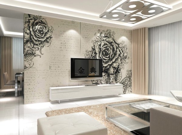 Black and white photo wallpaper with roses, in the interior of the living room