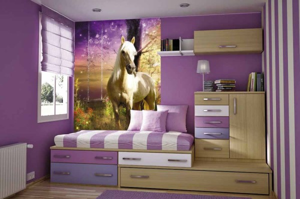 Violet nursery and harmoniously matched photo wallpaper with a horse