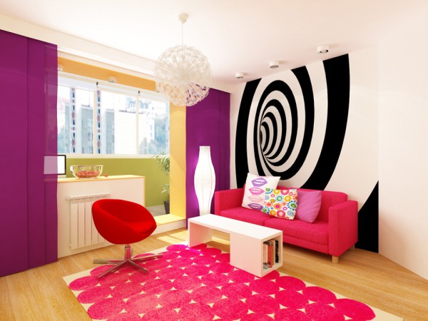 Background wallpaper with an endless spiral, in a youth interior, in the style of pop art