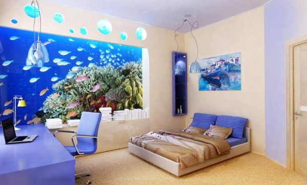 Wall mural aquarium, in the interior of a teenage room