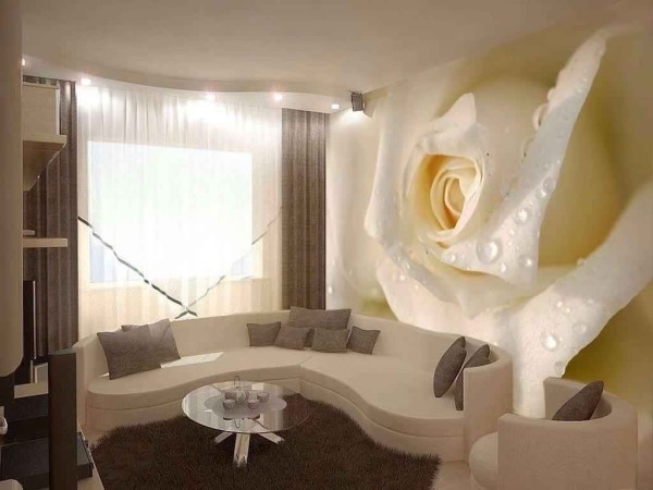 Wall mural white rose with 3D effect, in the interior of the living room