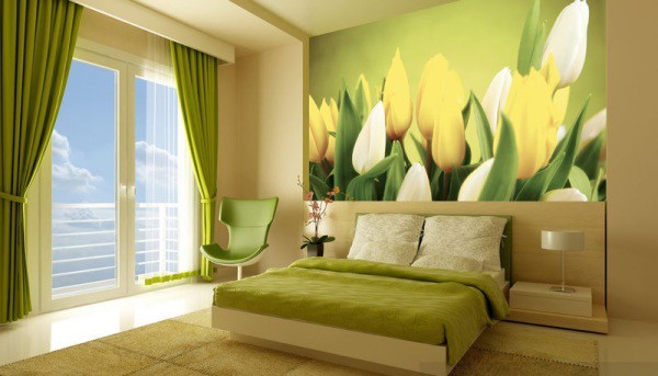 Wall mural beautiful tulips in bedroom interior